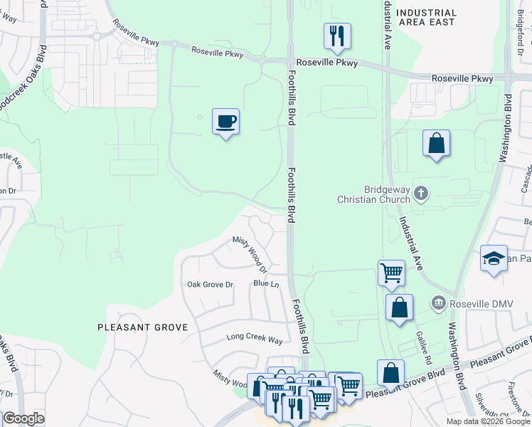 map of restaurants, bars, coffee shops, grocery stores, and more near 7960 Foothills Boulevard in Roseville