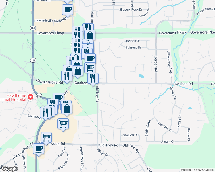 map of restaurants, bars, coffee shops, grocery stores, and more near 6800 Quail Walk in Edwardsville
