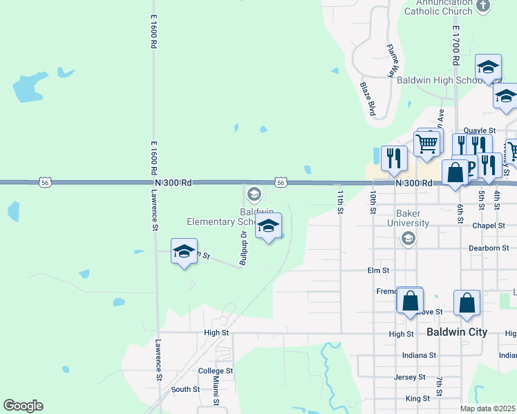 map of restaurants, bars, coffee shops, grocery stores, and more near 100 Bullpup Drive in Baldwin City