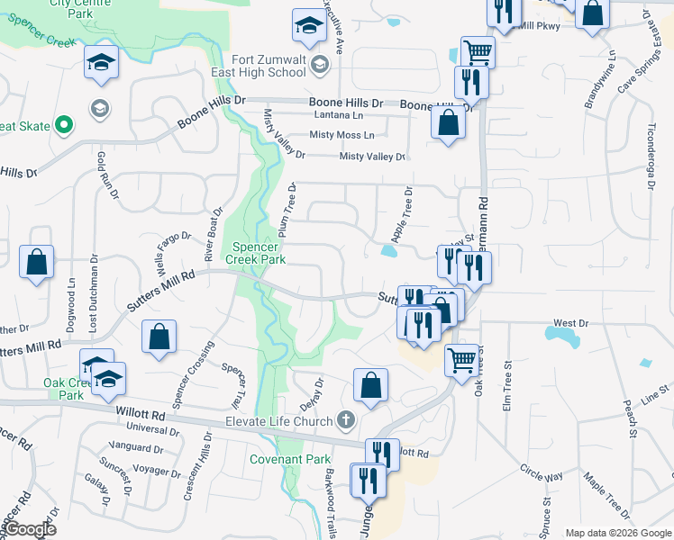 map of restaurants, bars, coffee shops, grocery stores, and more near 32 Pilot Hill Drive in St. Peters