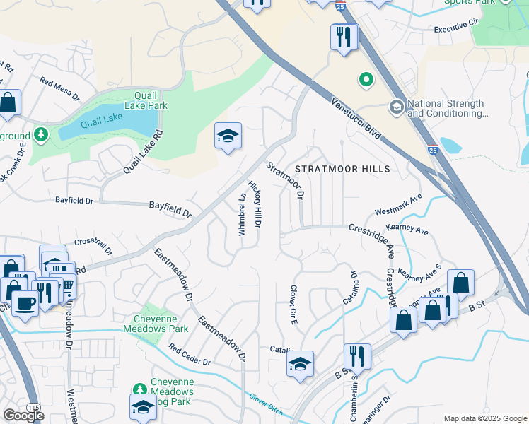 map of restaurants, bars, coffee shops, grocery stores, and more near 3525 Hickory Hill Drive in Colorado Springs
