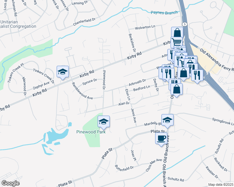 map of restaurants, bars, coffee shops, grocery stores, and more near 7903 Arbroath Court in Clinton