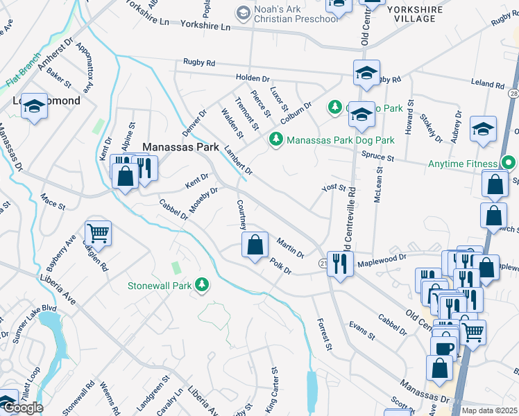 map of restaurants, bars, coffee shops, grocery stores, and more near 243 Manassas Drive in Manassas Park