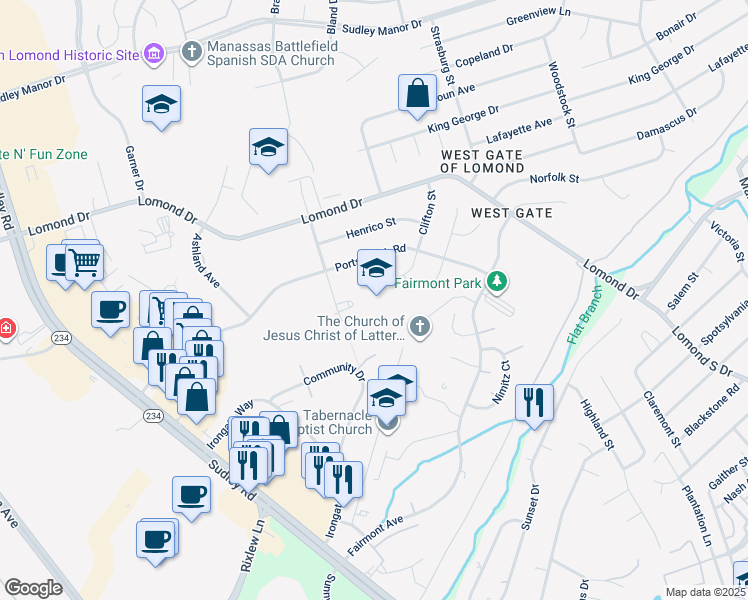 map of restaurants, bars, coffee shops, grocery stores, and more near 8031 Urbanna Road in Manassas