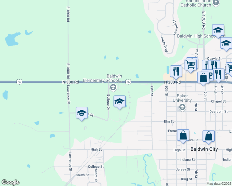 map of restaurants, bars, coffee shops, grocery stores, and more near 100 Bullpup Drive in Baldwin City