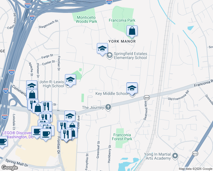 map of restaurants, bars, coffee shops, grocery stores, and more near 6307 Wayles Street in Springfield