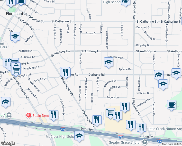 map of restaurants, bars, coffee shops, grocery stores, and more near 805 Derhake Road in Florissant