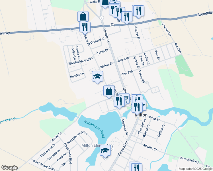map of restaurants, bars, coffee shops, grocery stores, and more near 400 Mulberry Street in Milton