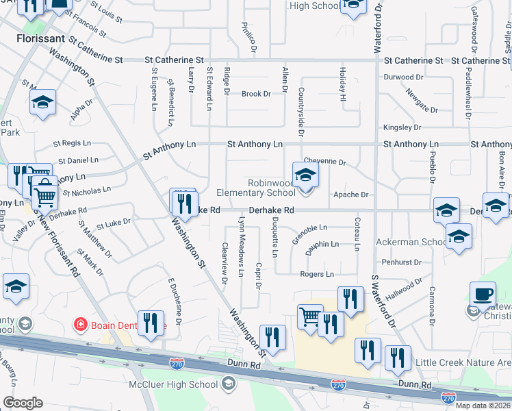 map of restaurants, bars, coffee shops, grocery stores, and more near 805 Derhake Road in Florissant