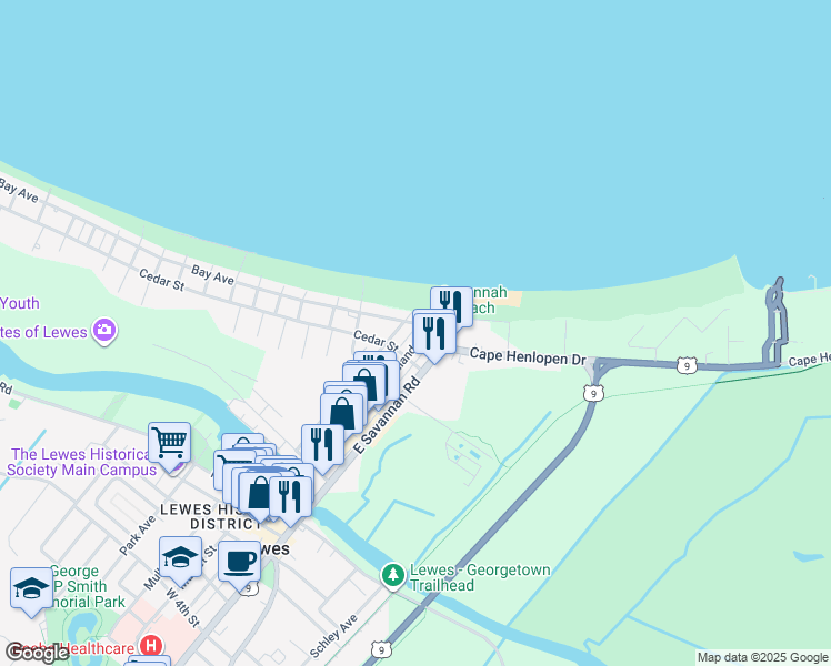 map of restaurants, bars, coffee shops, grocery stores, and more near 206 Midland Avenue in Lewes