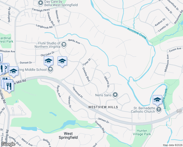 map of restaurants, bars, coffee shops, grocery stores, and more near 7840 Brompton Street in West Springfield