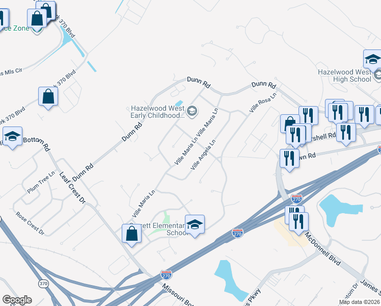 map of restaurants, bars, coffee shops, grocery stores, and more near 5238 Ville Maria Lane in Hazelwood