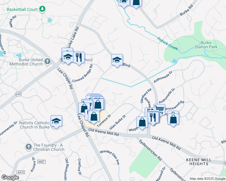map of restaurants, bars, coffee shops, grocery stores, and more near 6304 Buffie Court in Burke