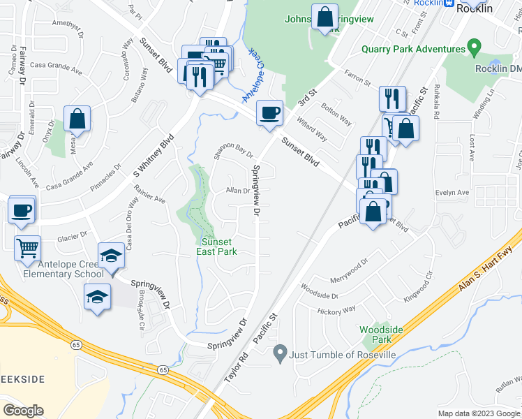 map of restaurants, bars, coffee shops, grocery stores, and more near 5432 Willowynd Court in Rocklin