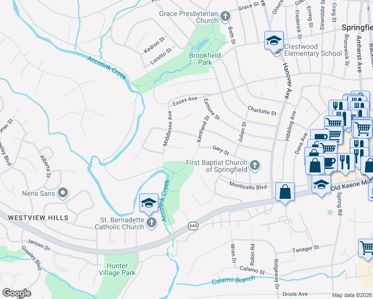 map of restaurants, bars, coffee shops, grocery stores, and more near 7505 Lauralin Place in Springfield
