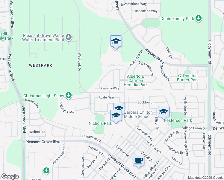 map of restaurants, bars, coffee shops, grocery stores, and more near 2557 Kinsella Way in Roseville