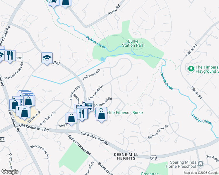 map of restaurants, bars, coffee shops, grocery stores, and more near 6214 Draco Street in Burke