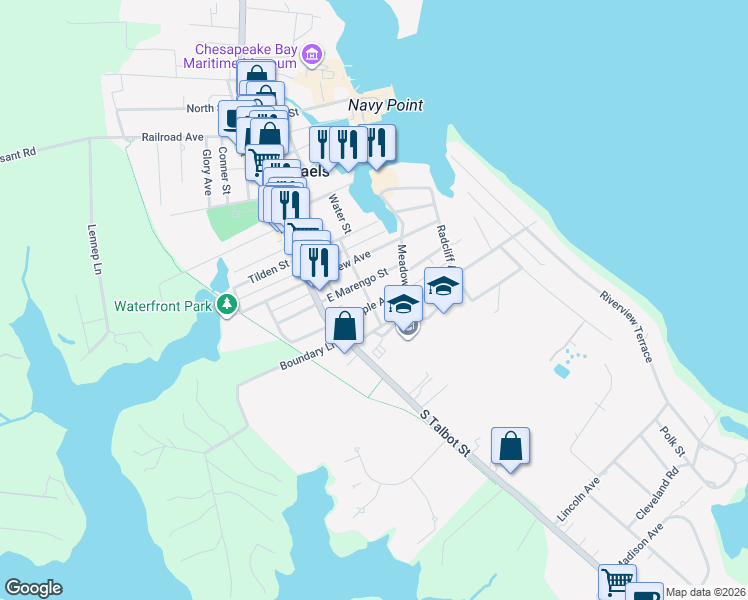 map of restaurants, bars, coffee shops, grocery stores, and more near 201 East Maple Avenue in Saint Michaels