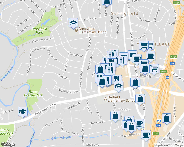 map of restaurants, bars, coffee shops, grocery stores, and more near 6302 Dana Avenue in Springfield