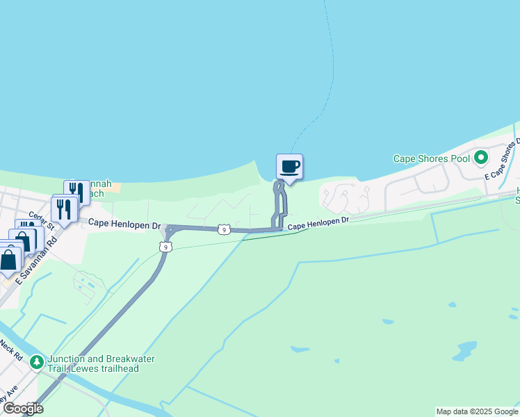 map of restaurants, bars, coffee shops, grocery stores, and more near 6 Texas Avenue in Lewes