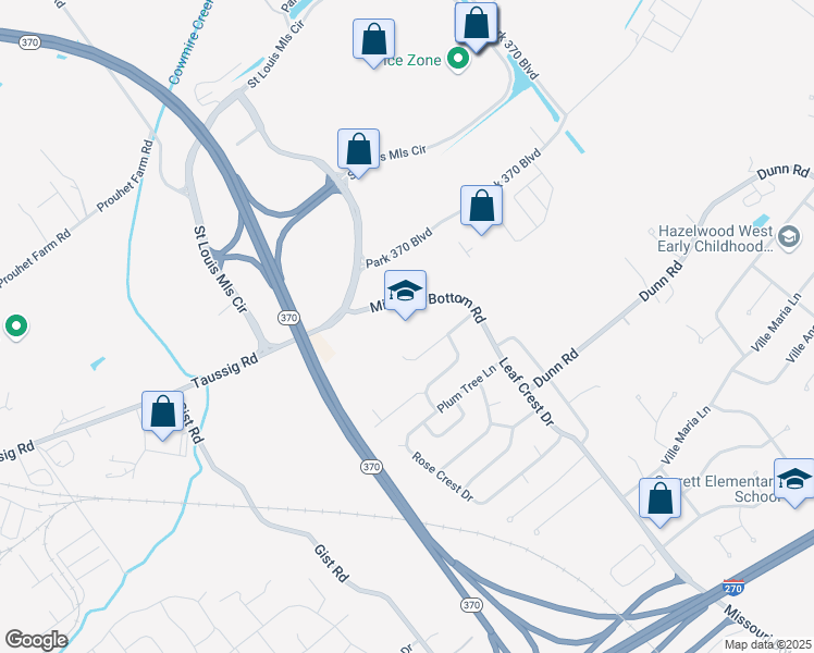 map of restaurants, bars, coffee shops, grocery stores, and more near 12834 Missouri Bottom Road in Hazelwood