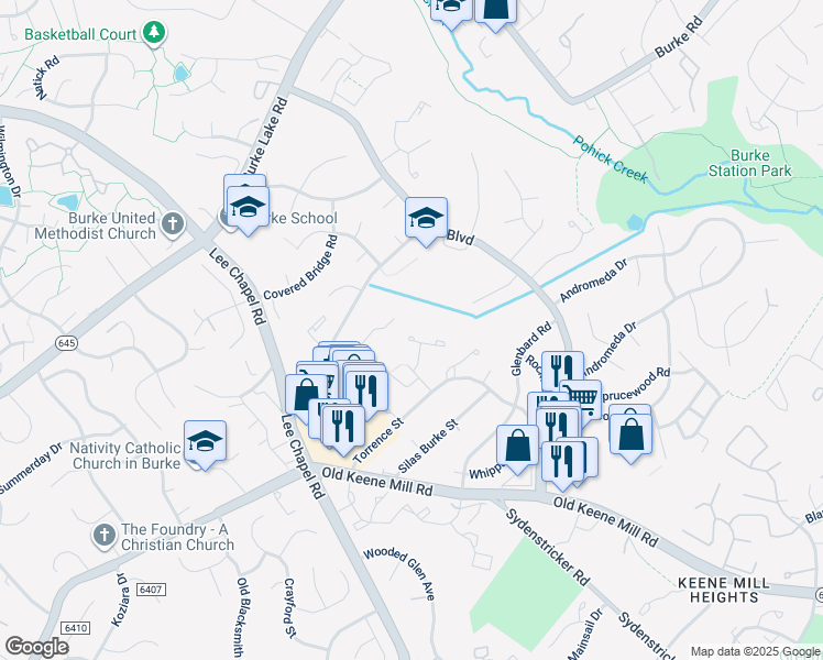 map of restaurants, bars, coffee shops, grocery stores, and more near 6304 Buffie Court in Burke