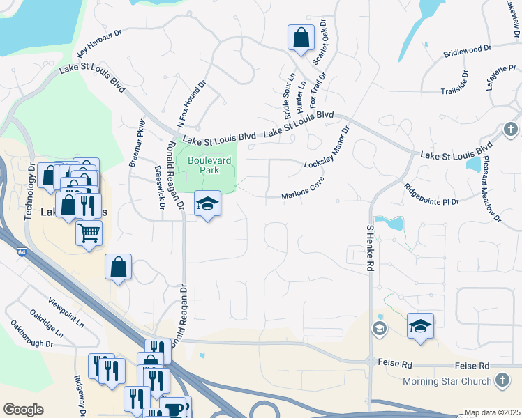 map of restaurants, bars, coffee shops, grocery stores, and more near 1515 Village Green Drive in Lake Saint Louis