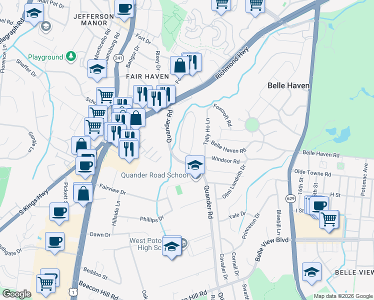 map of restaurants, bars, coffee shops, grocery stores, and more near 2300 Windsor Road in Alexandria