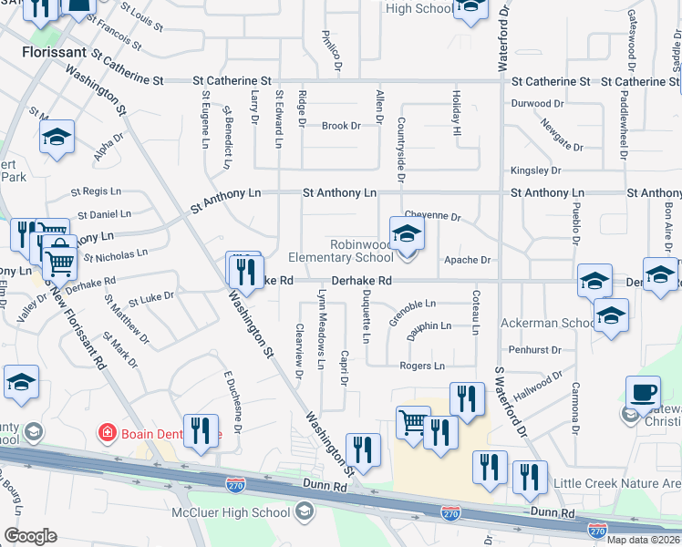 map of restaurants, bars, coffee shops, grocery stores, and more near 805 Derhake Road in Florissant