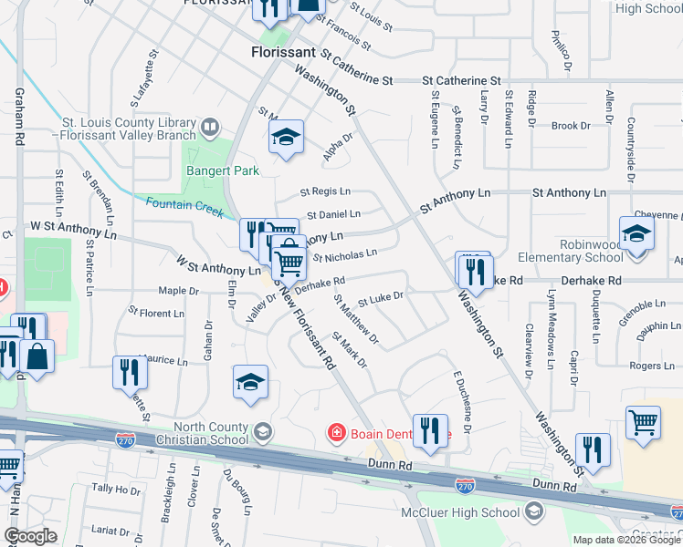 map of restaurants, bars, coffee shops, grocery stores, and more near 135 Derhake Road in Florissant