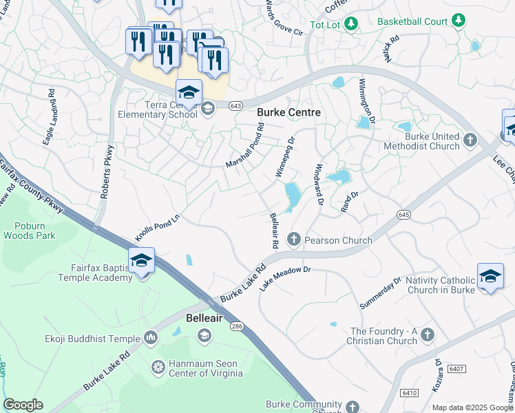 map of restaurants, bars, coffee shops, grocery stores, and more near 6212 Ormandy Drive in Burke