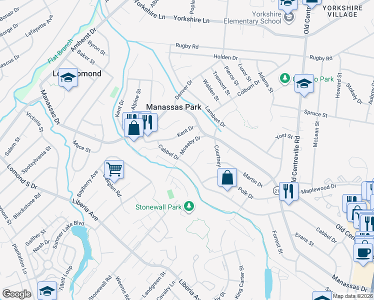 map of restaurants, bars, coffee shops, grocery stores, and more near 277 Moseby Drive in Manassas Park