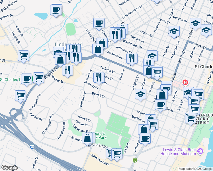 map of restaurants, bars, coffee shops, grocery stores, and more near 1041 Pike Street in Saint Charles
