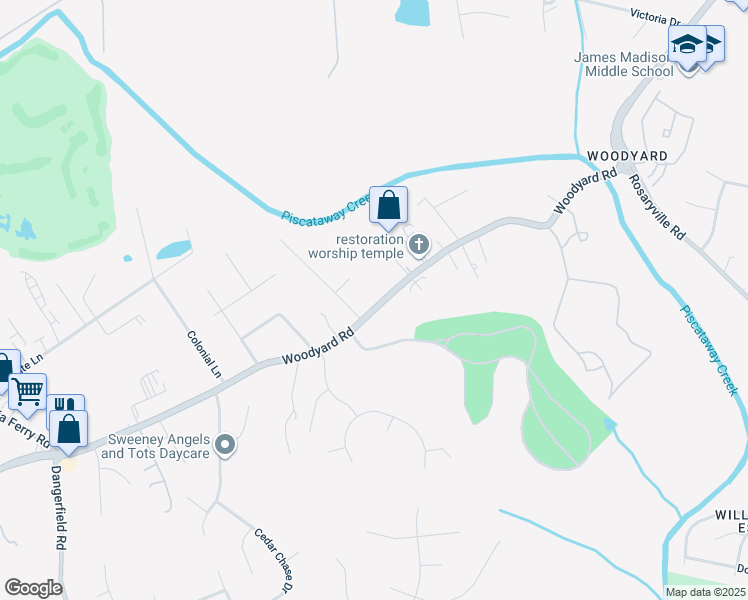 map of restaurants, bars, coffee shops, grocery stores, and more near 7901 Woodyard Road in Clinton