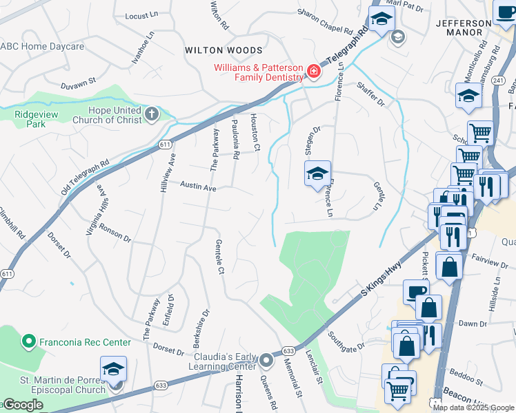 map of restaurants, bars, coffee shops, grocery stores, and more near 3435 Austin Court in Alexandria