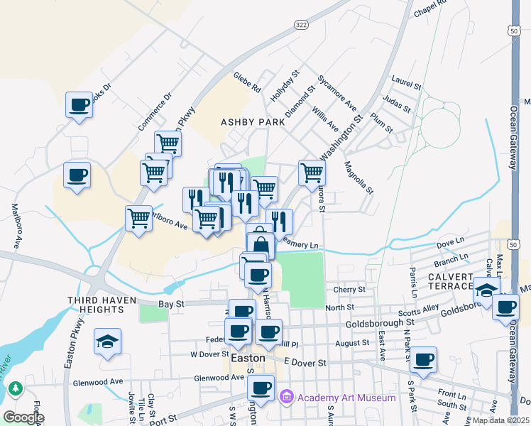 map of restaurants, bars, coffee shops, grocery stores, and more near 316 Glebe Road in Easton