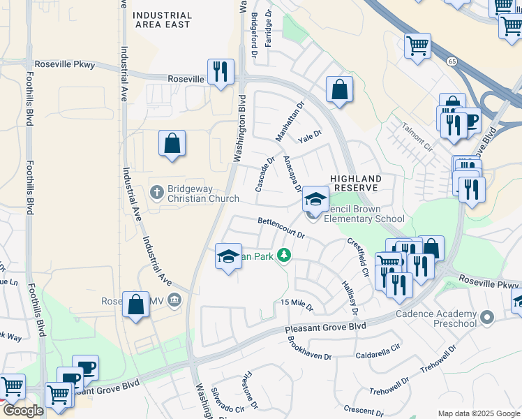 map of restaurants, bars, coffee shops, grocery stores, and more near 589 Striped Moss Street in Roseville
