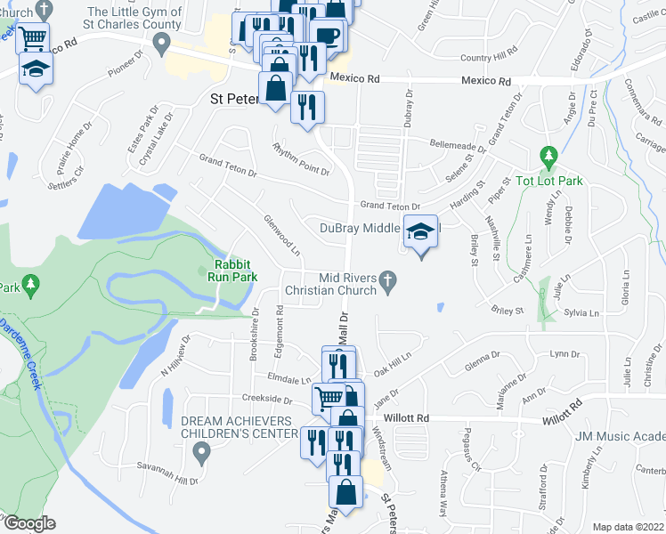 map of restaurants, bars, coffee shops, grocery stores, and more near 4 Countryside Drive in St. Peters