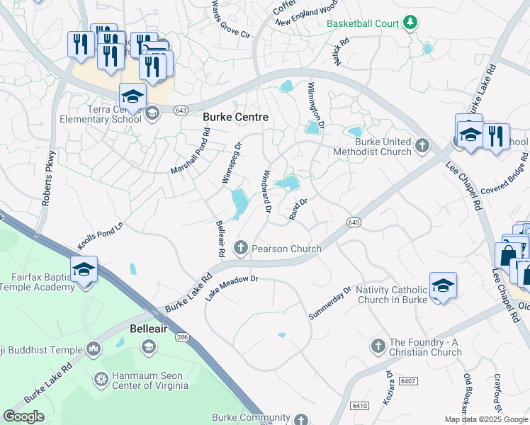 map of restaurants, bars, coffee shops, grocery stores, and more near 6236 Windward Drive in Burke
