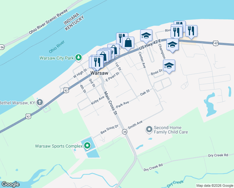 map of restaurants, bars, coffee shops, grocery stores, and more near 106 Stafford Circle in Warsaw