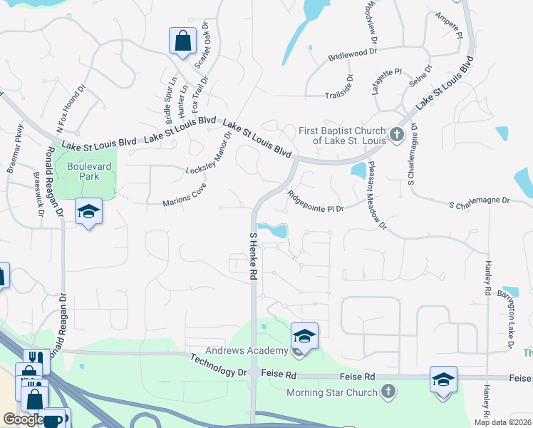 map of restaurants, bars, coffee shops, grocery stores, and more near 746 Ridgepointe Court in Lake Saint Louis