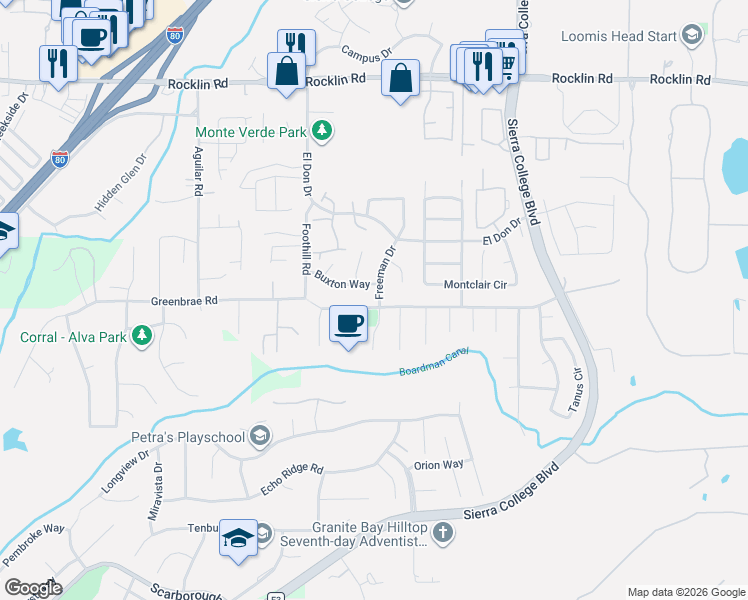 map of restaurants, bars, coffee shops, grocery stores, and more near 5017 Southside Ranch Road in Rocklin