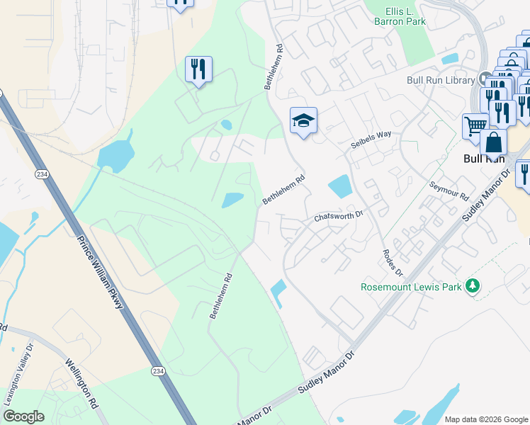 map of restaurants, bars, coffee shops, grocery stores, and more near 8129 Bethlehem Road in Manassas