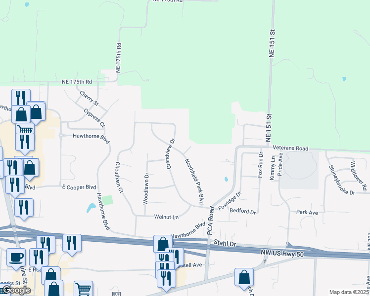 map of restaurants, bars, coffee shops, grocery stores, and more near 1427 Northfield Park Boulevard in Warrensburg