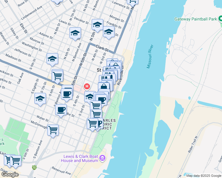 map of restaurants, bars, coffee shops, grocery stores, and more near 117 South Main Street in Saint Charles