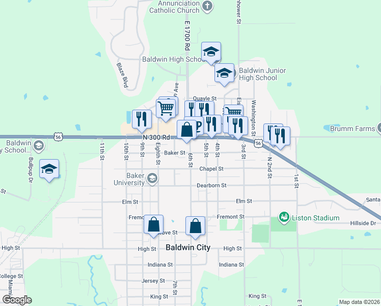 map of restaurants, bars, coffee shops, grocery stores, and more near 600 Baker Street in Baldwin City