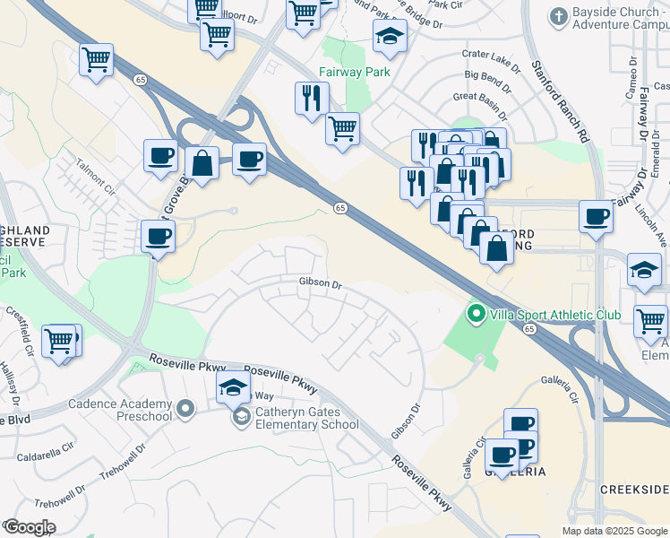 map of restaurants, bars, coffee shops, grocery stores, and more near 572 Gibson Drive in Roseville