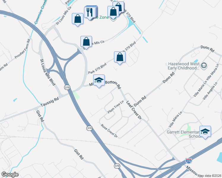 map of restaurants, bars, coffee shops, grocery stores, and more near 4951 Tulip Tree Lane in Hazelwood