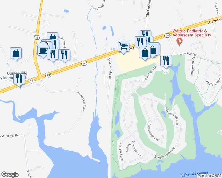 map of restaurants, bars, coffee shops, grocery stores, and more near 8061 Tysons Oaks Court in Gainesville