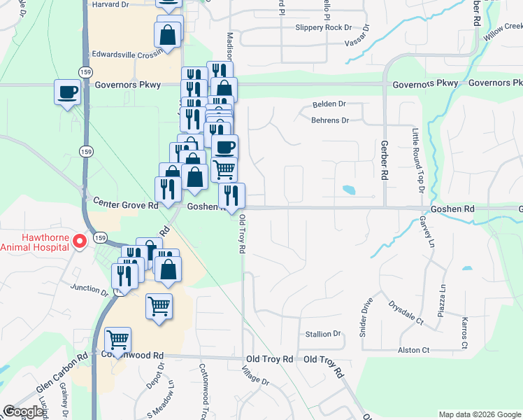 map of restaurants, bars, coffee shops, grocery stores, and more near 6800 Quail Walk in Edwardsville